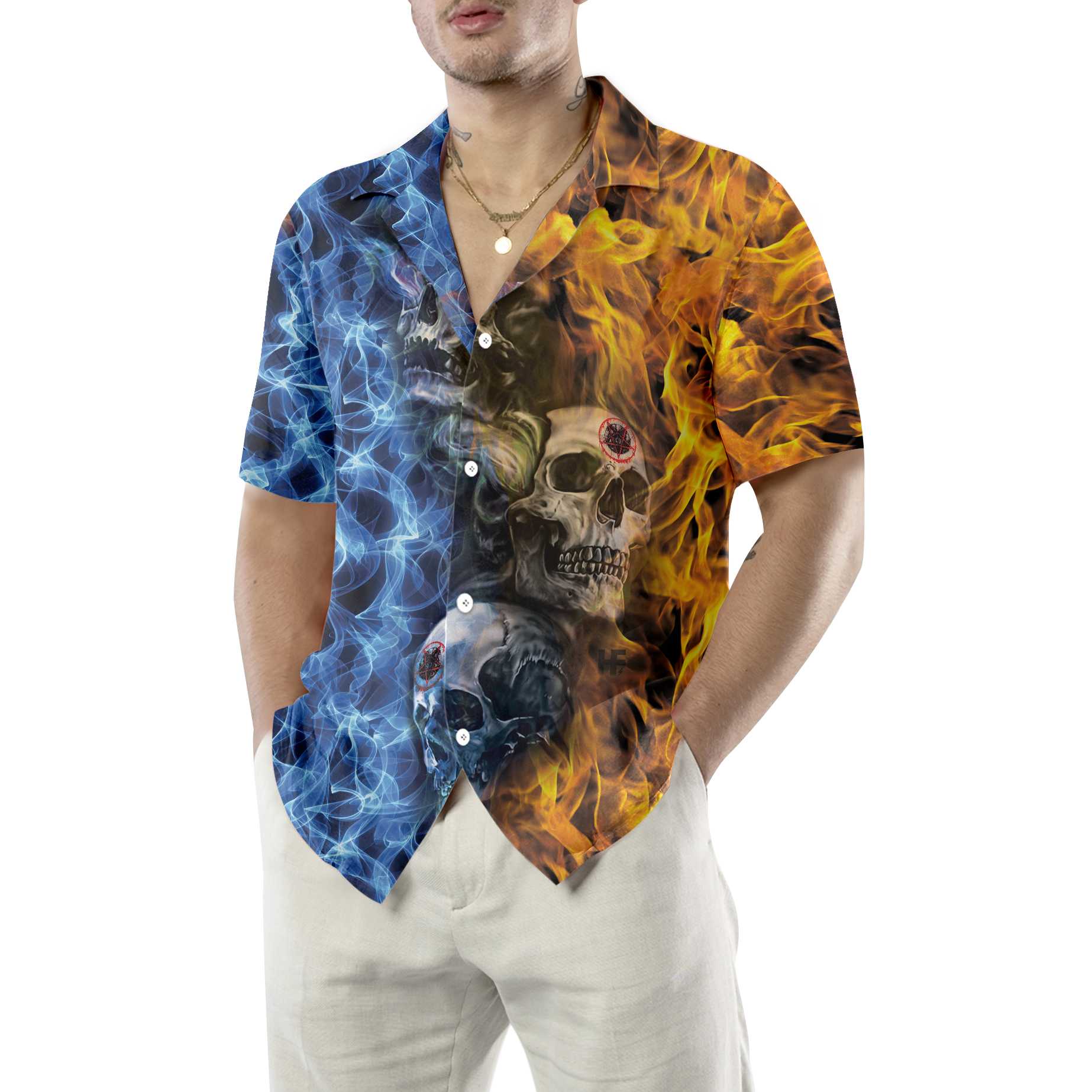 Gothic Skull Fire And Water Hawaiian Shirt, Unique Skull Goth Shirt For Men And Women