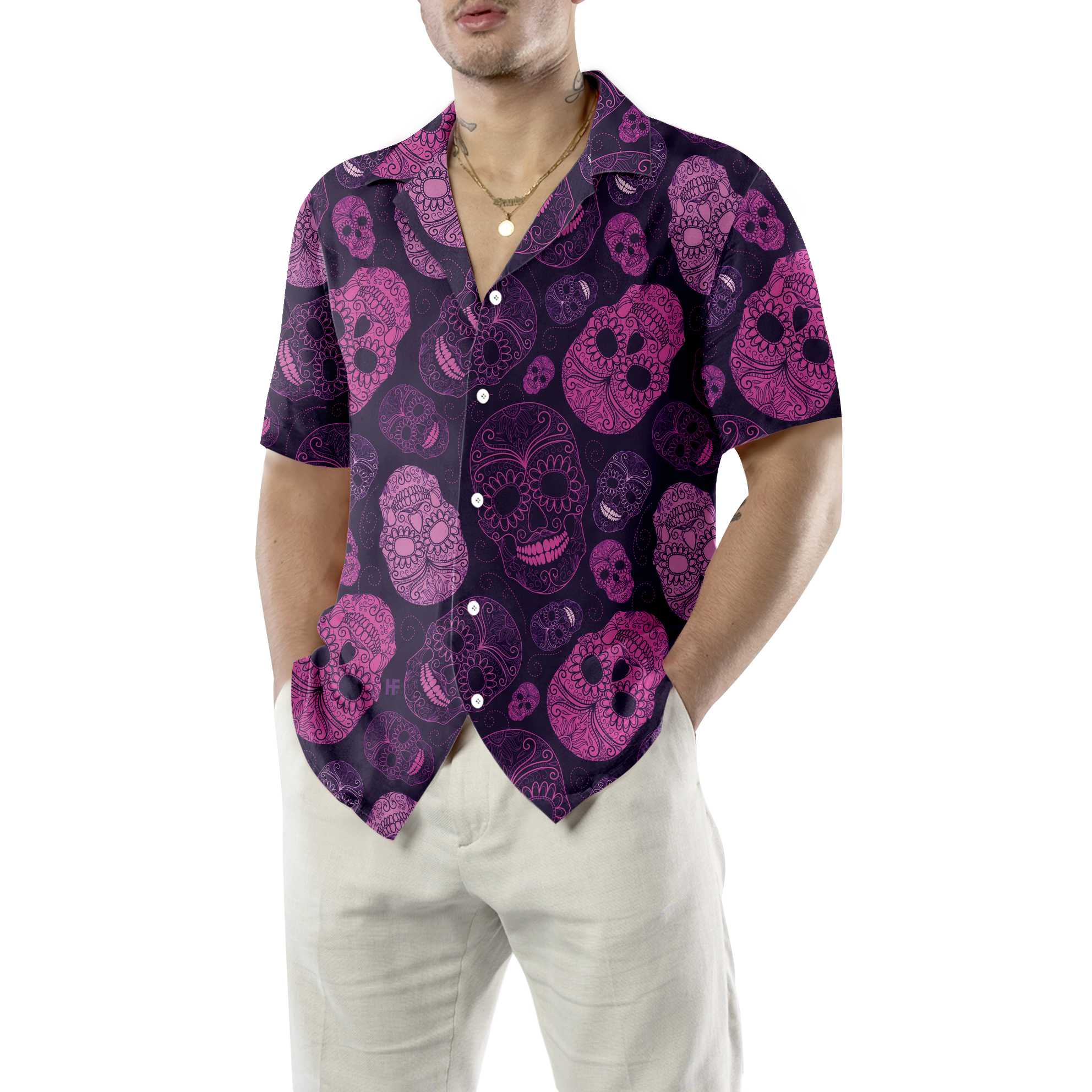 Purple Midnight Sugar Skull Hawaiian Shirt, Unique Day Of The Dead Skull Shirt For Men And Women