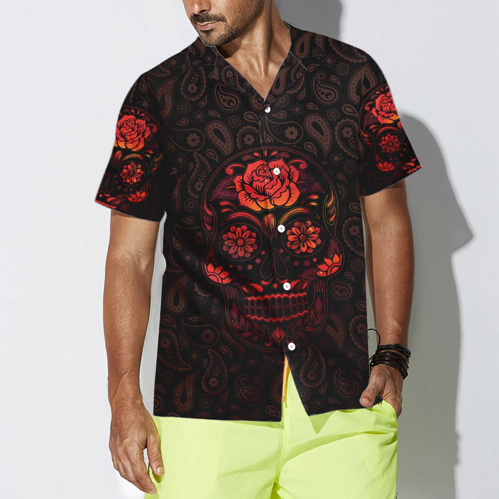 Red Mexican Sugar Skull Hawaiian Shirt, Day Of The Dead Skull Shirt