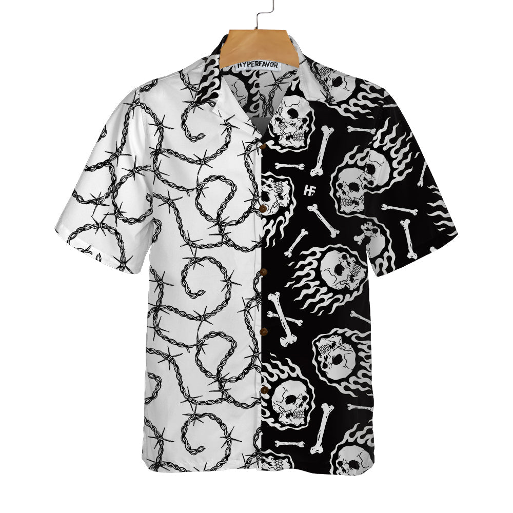 Skull On Fire With Steel Barbed Wire Skull Hawaiian Shirt, Black And White Skull Shirt For Men And Women