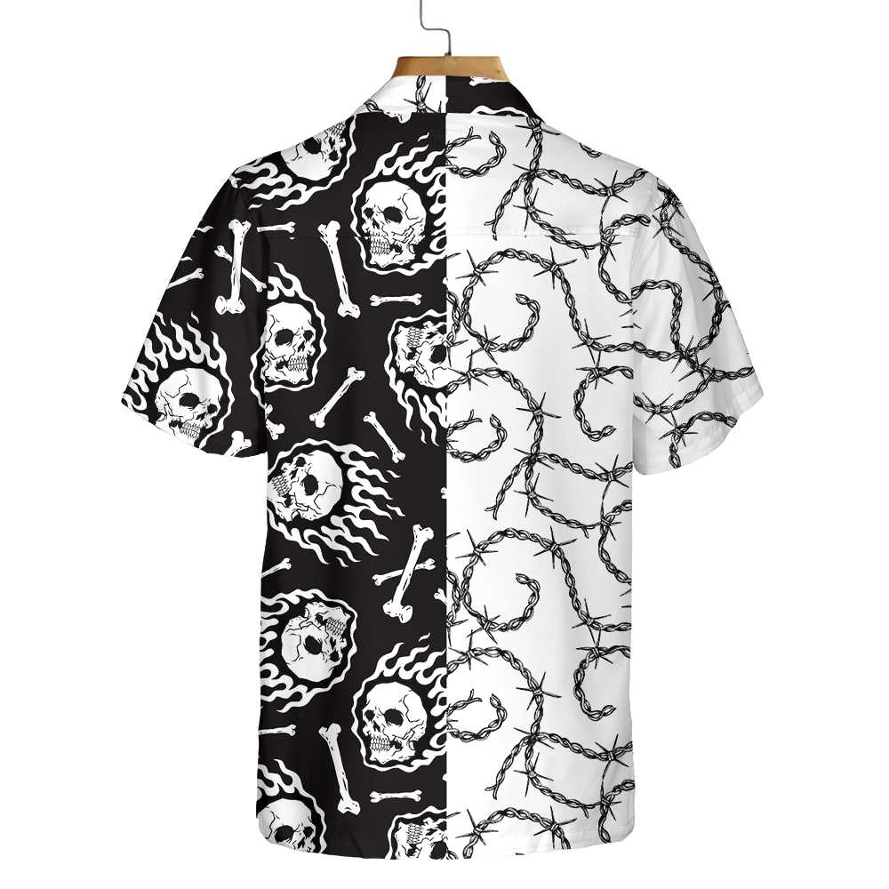 Skull On Fire With Steel Barbed Wire Skull Hawaiian Shirt, Black And White Skull Shirt For Men And Women