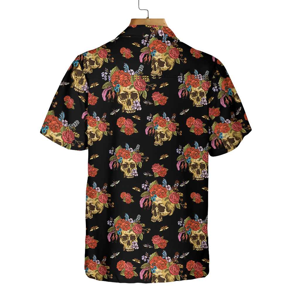 Skulls & Flowers Day Of The Dead Hawaiian Shirt, Vintage Skull And Red Roses Shirt, Day Of The Dead Gift