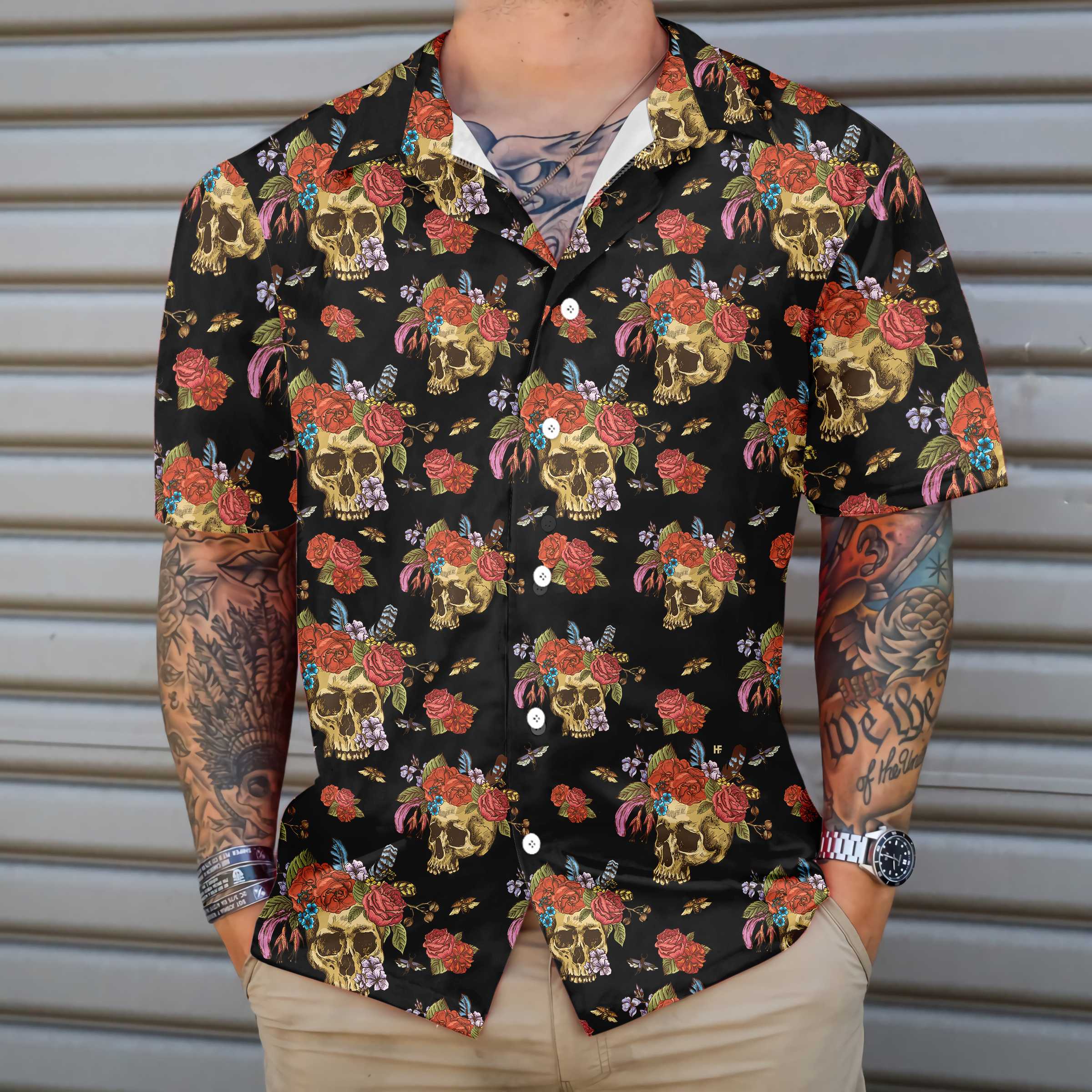 Skulls & Flowers Day Of The Dead Hawaiian Shirt, Vintage Skull And Red Roses Shirt, Day Of The Dead Gift