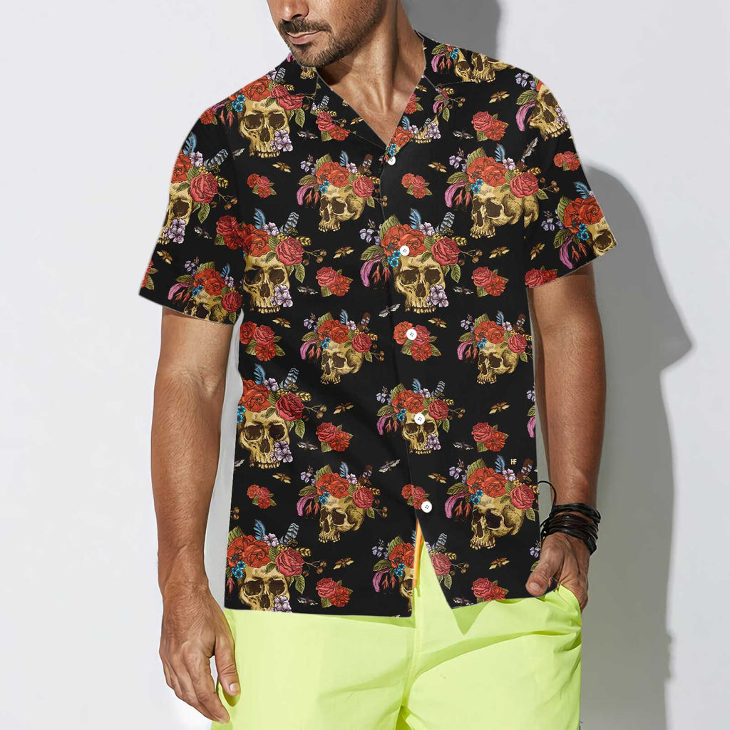 Skulls & Flowers Day Of The Dead Hawaiian Shirt, Vintage Skull And Red Roses Shirt, Day Of The Dead Gift