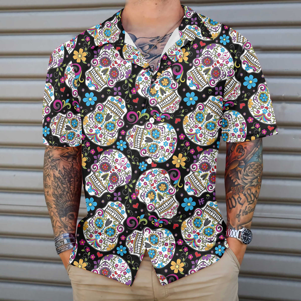 Sugar Skulls With Flowers Hawaiian Shirt, Colorful Floral Mexican Skull, Best Day Of The Dead Gift