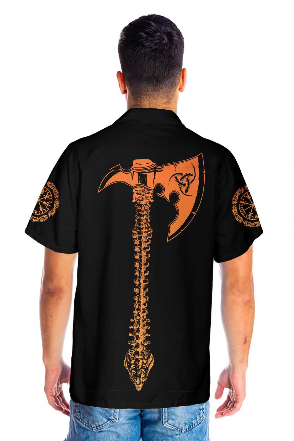 Viking Skull With Backbone Axe Hawaiian Shirt, Cool Orange Pattern Black Skull Shirt