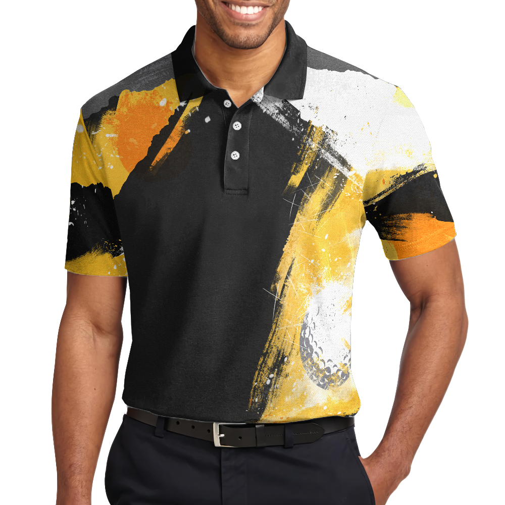 Golf On Artistic Black and Gold Crayon Strokes Short Sleeve Polo Shirt, Golf Shirt For Men