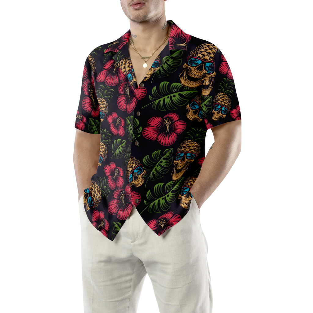 Pineapple Skull Tropical Flowers Black Hawaiian Shirt